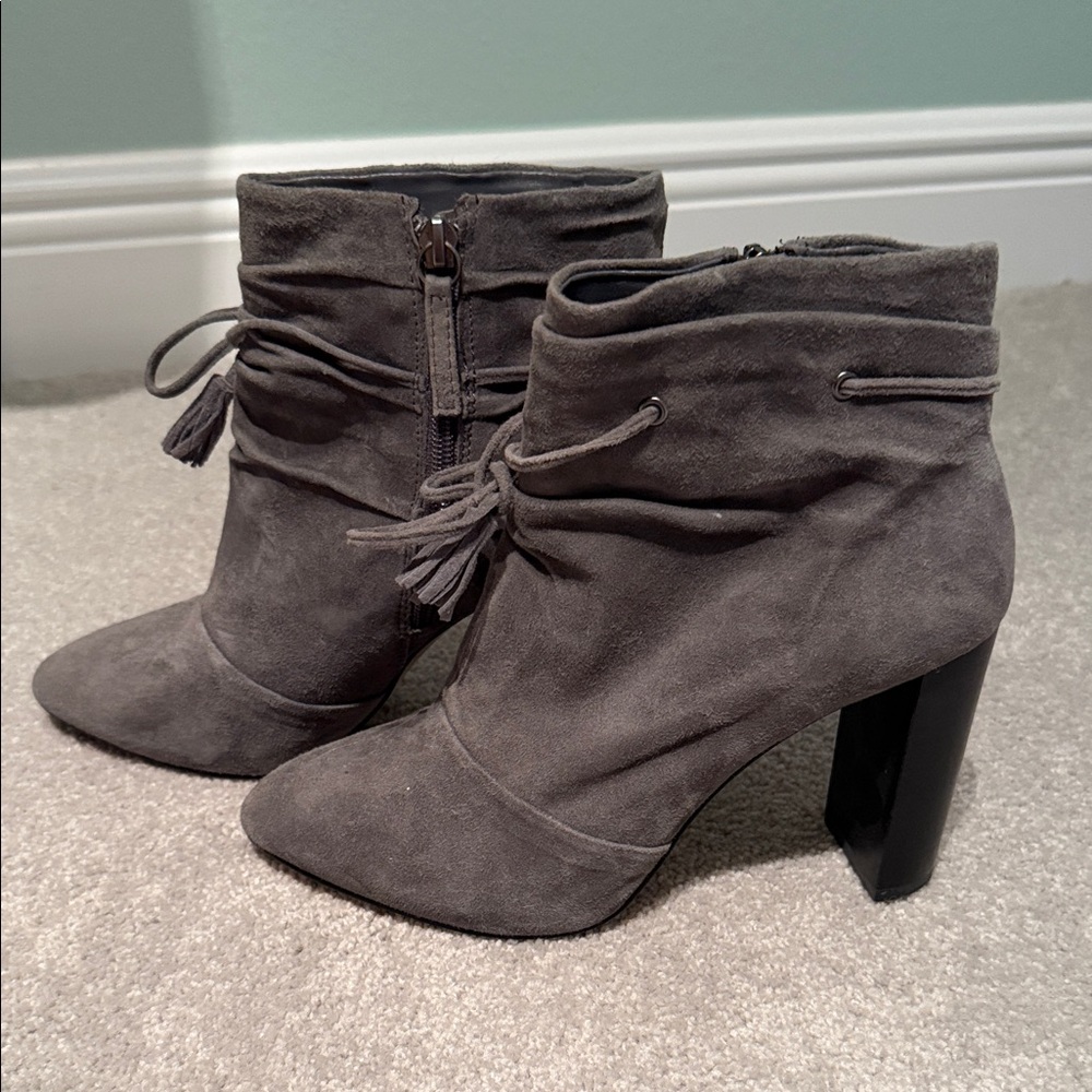 White House Black Market Gray Suede Ankle Booties with Tassel Tie
